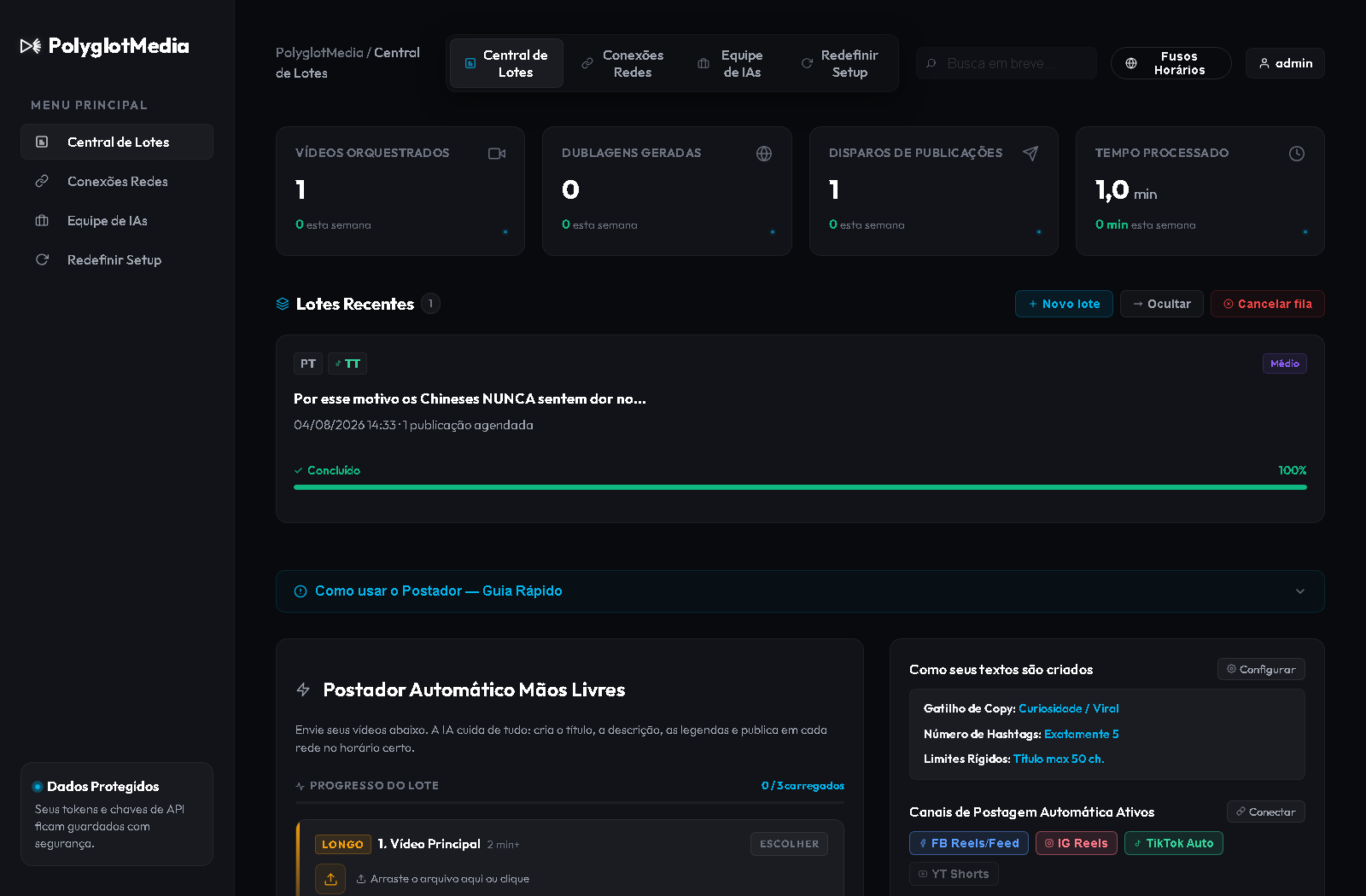 PolyglotMedia batch console showing production metrics, a completed batch and the upload area.